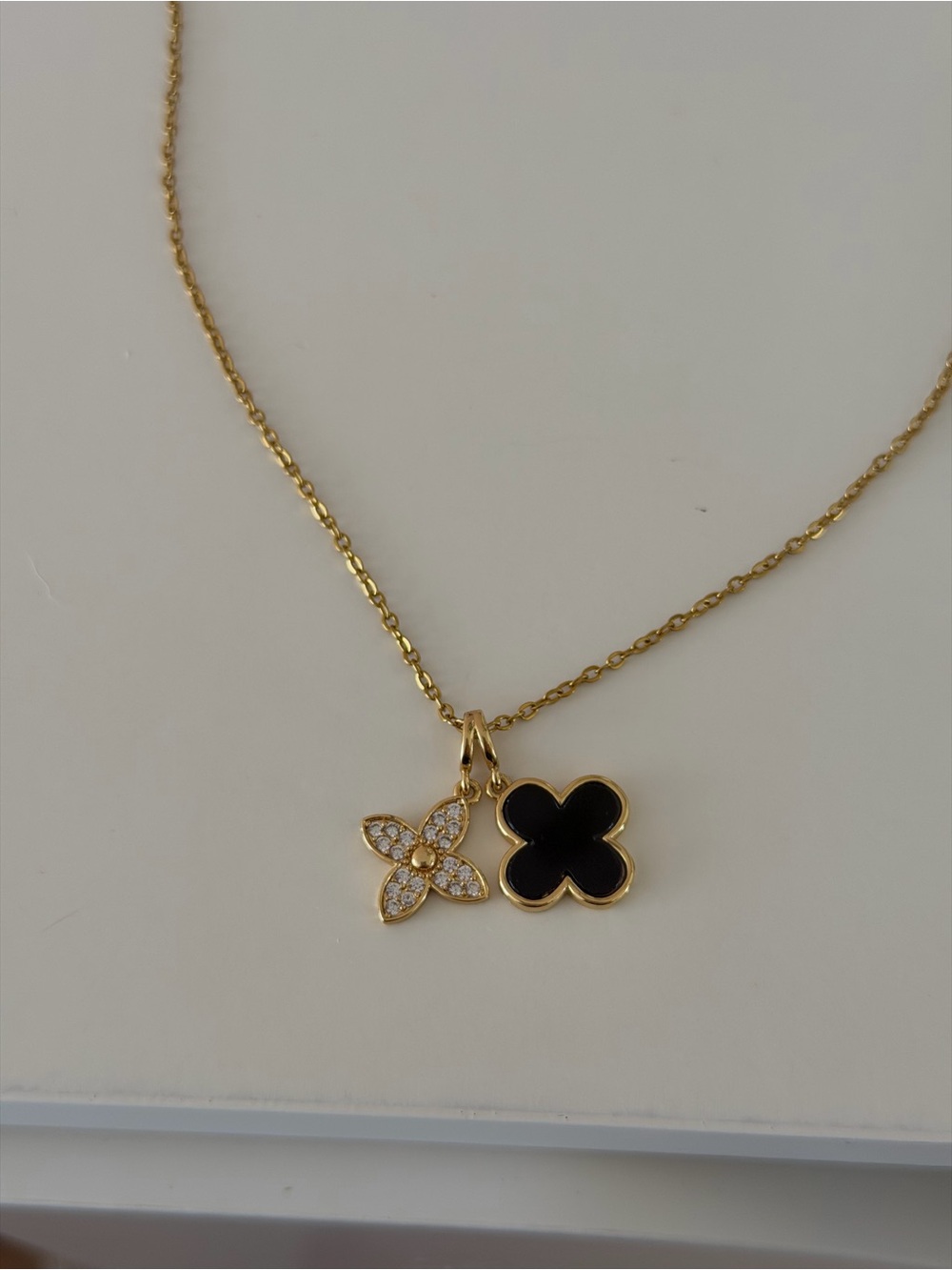 Gold Tone Dual Charm Clover & Flower Necklace – Pave Crystal & Black Enamel - Picture 2 of 3